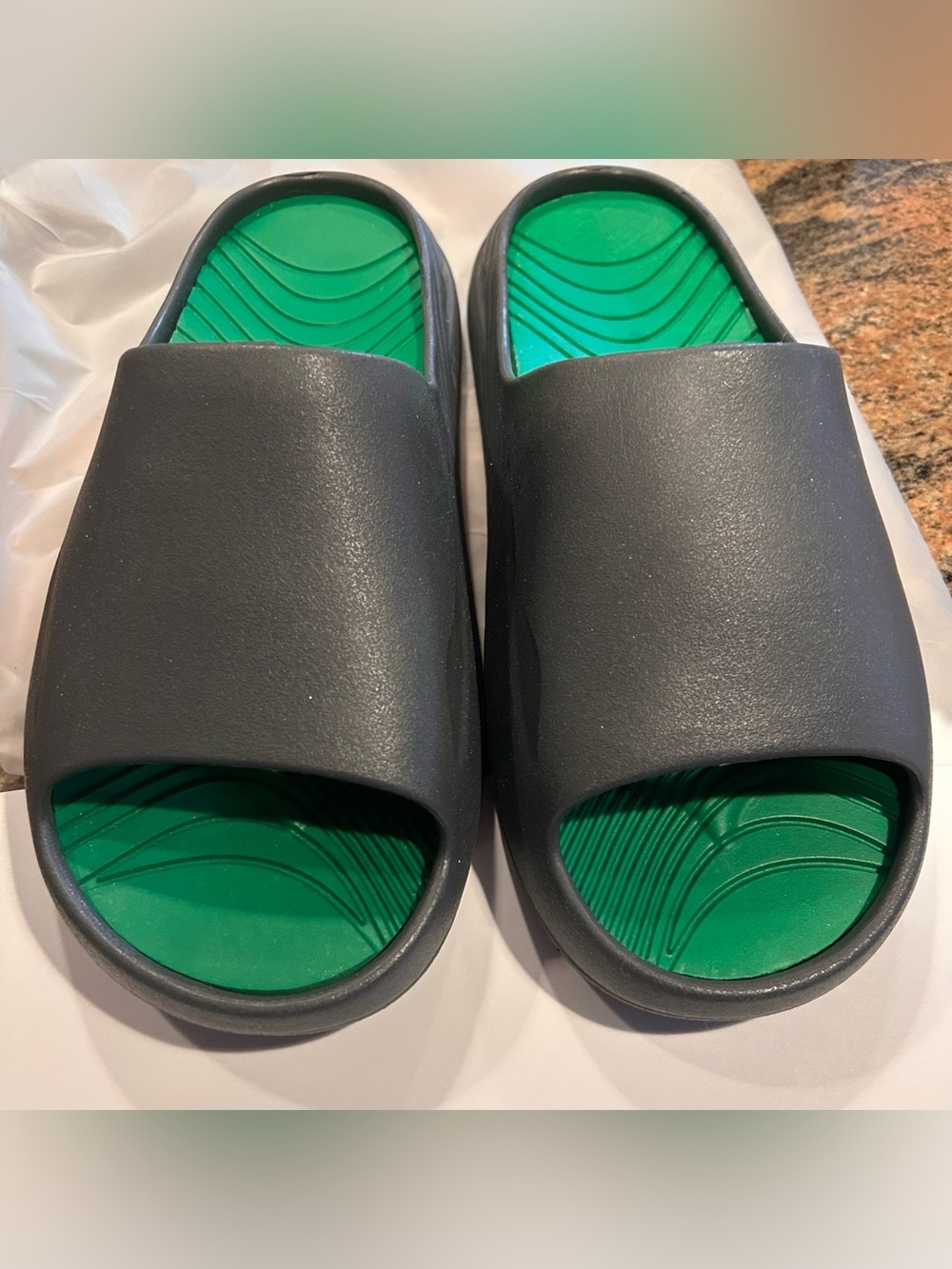 Men's Black Slide Sandals with Green Footbed-NWT